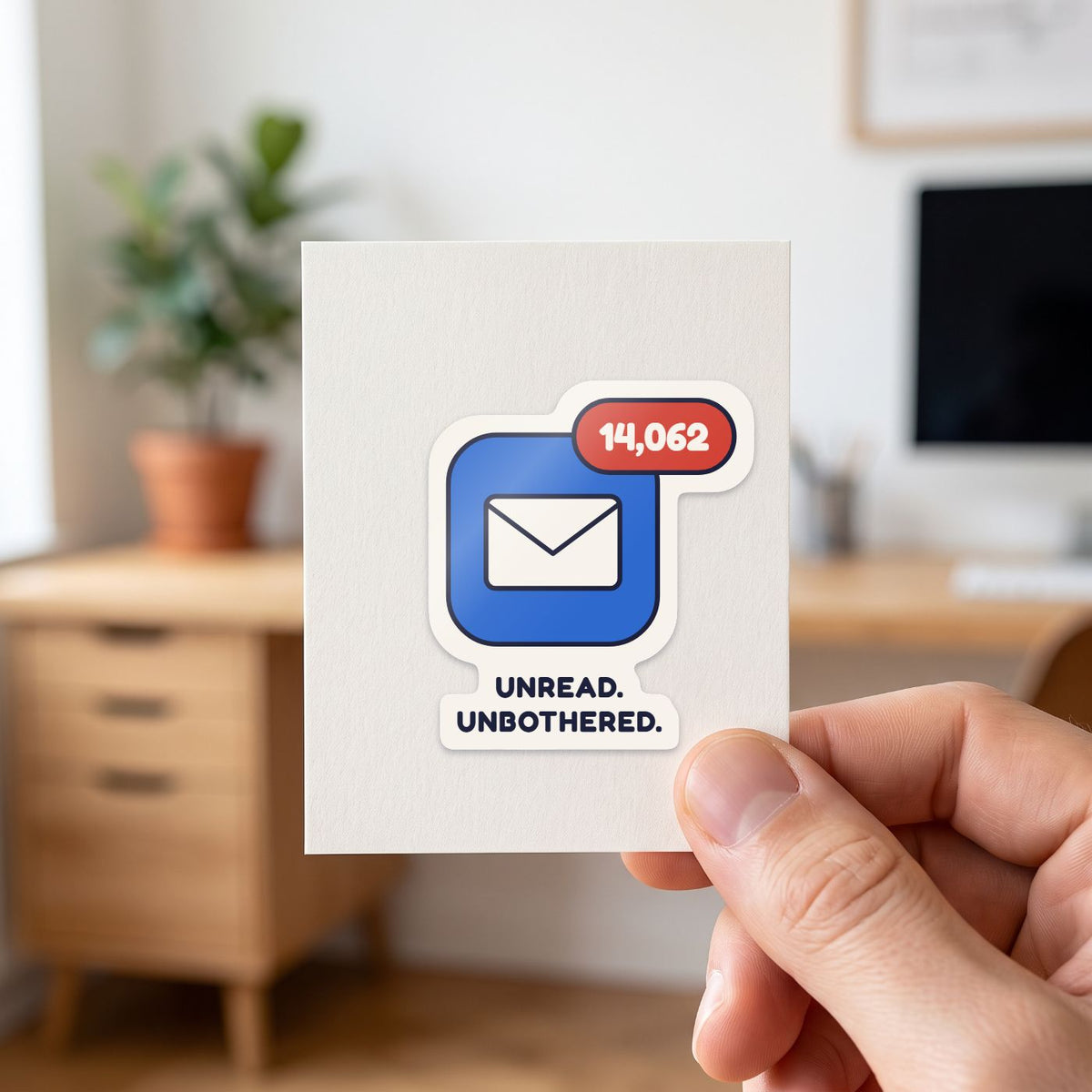 14,062 Unread sticker held in a hand on its white backing card