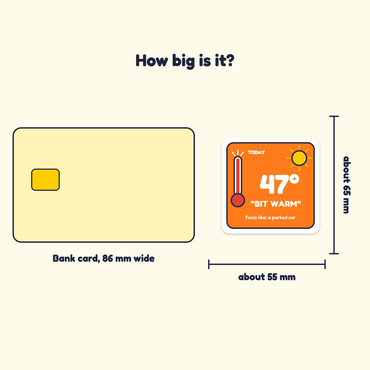 47 Degrees: Bit Warm sticker next to a bank card for size