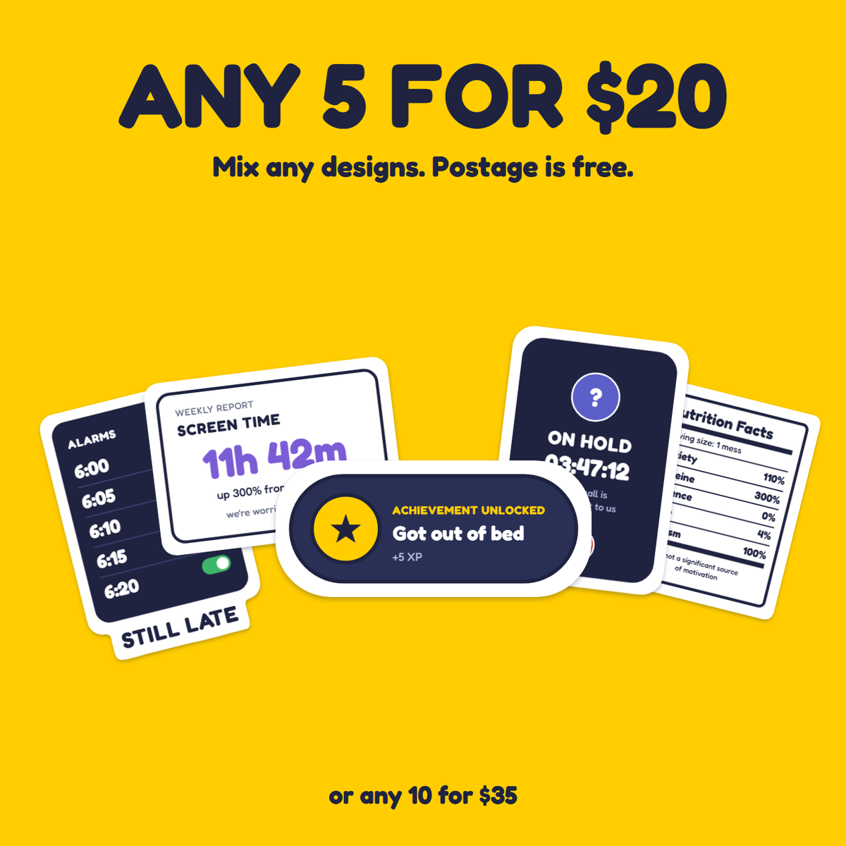 Achievement Unlocked: Got Out of Bed sticker in a pack of five for $20