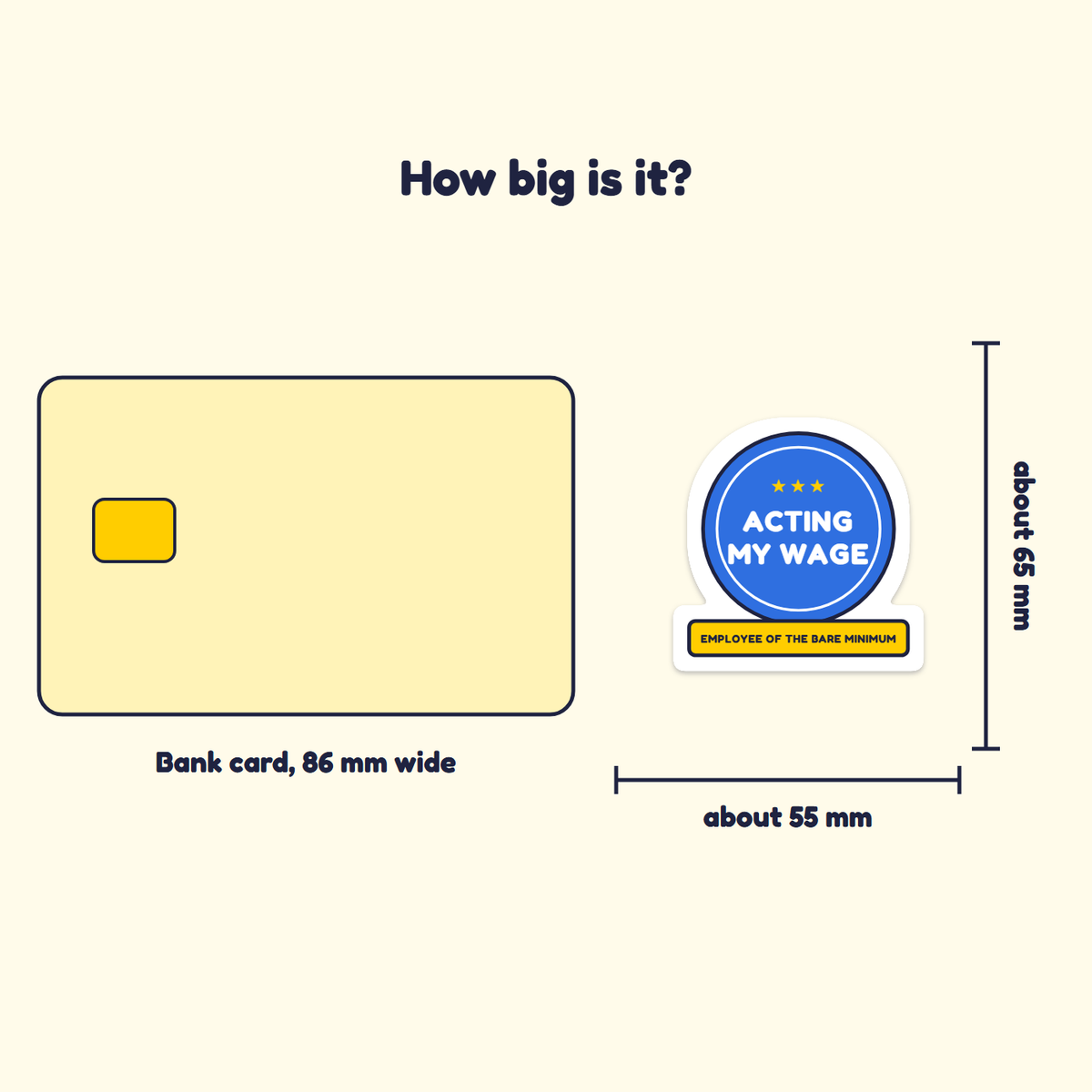 Acting My Wage sticker next to a bank card for size