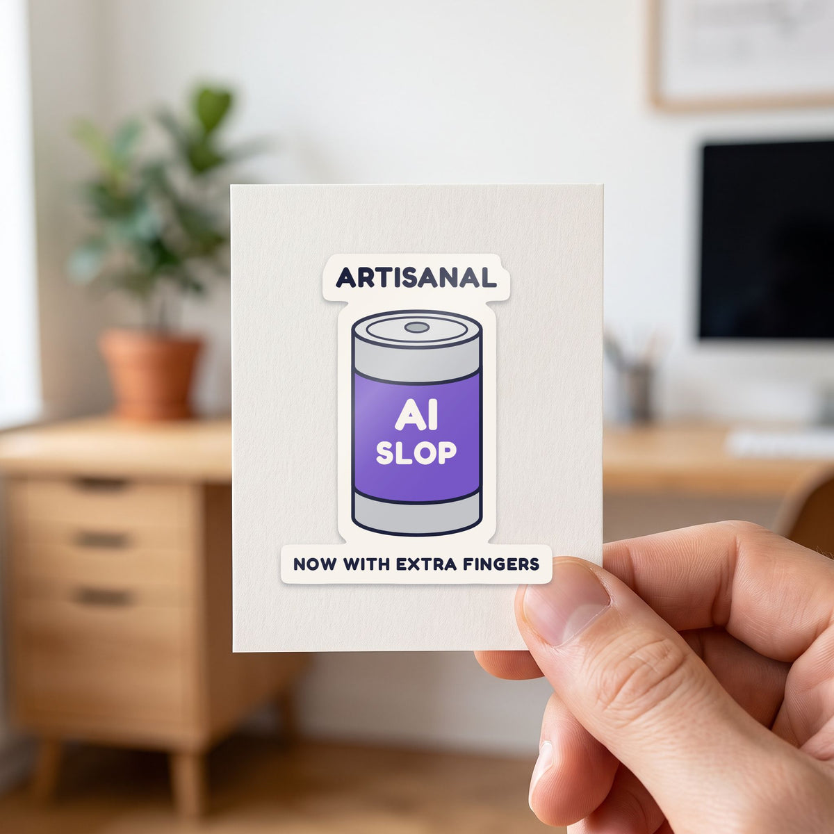 Artisanal AI Slop sticker held in a hand on its white backing card