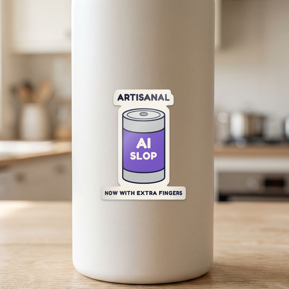 Artisanal AI Slop sticker on a white drink bottle