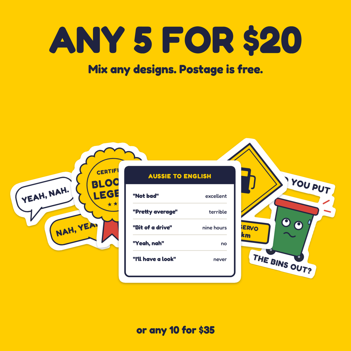 Aussie to English sticker in a pack of five for $20