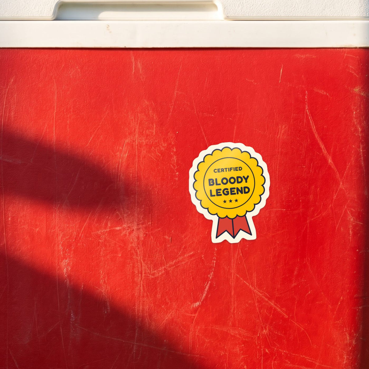 Certified Bloody Legend sticker on a red esky