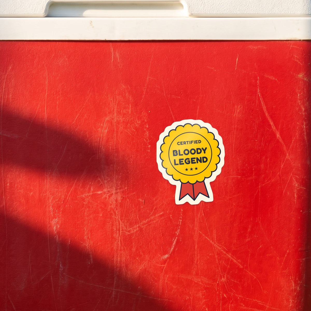 Certified Bloody Legend sticker on a white drink bottle