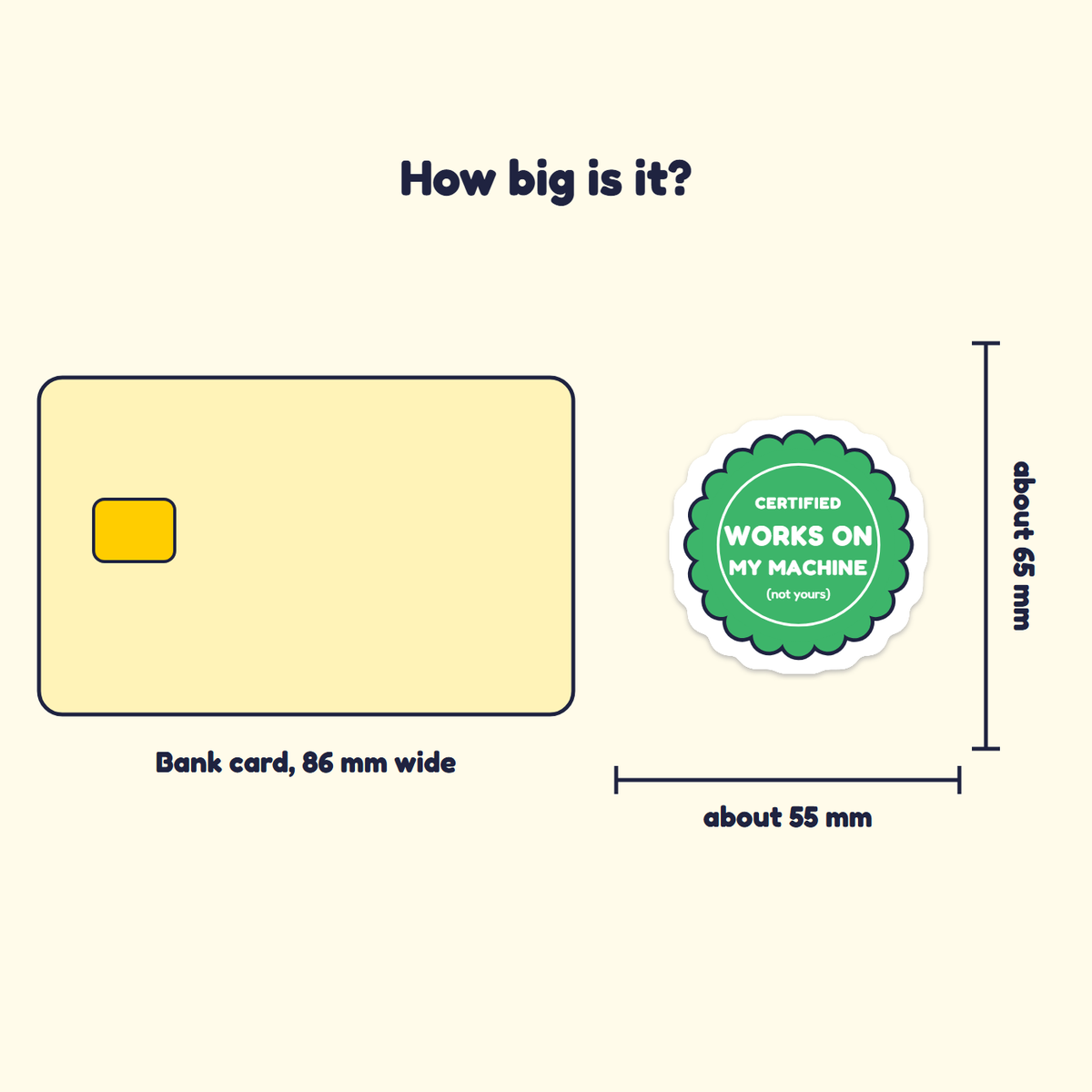 Certified: Works on My Machine sticker next to a bank card for size
