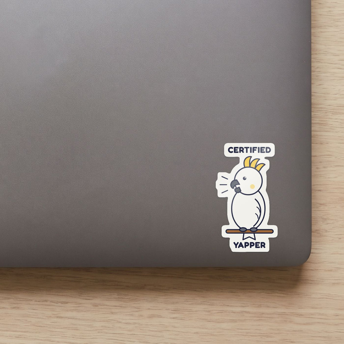 Certified Yapper sticker on the lid of a grey laptop