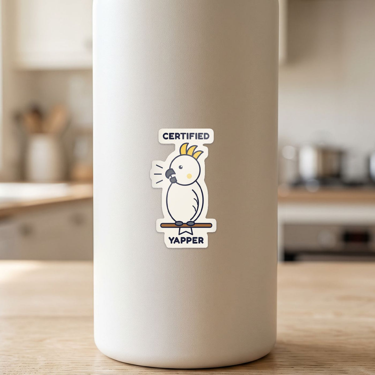 Certified Yapper sticker on a white drink bottle
