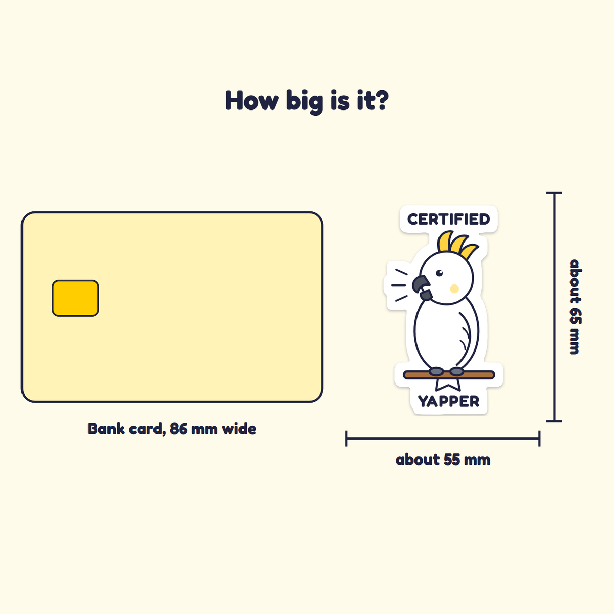 Certified Yapper sticker next to a bank card for size