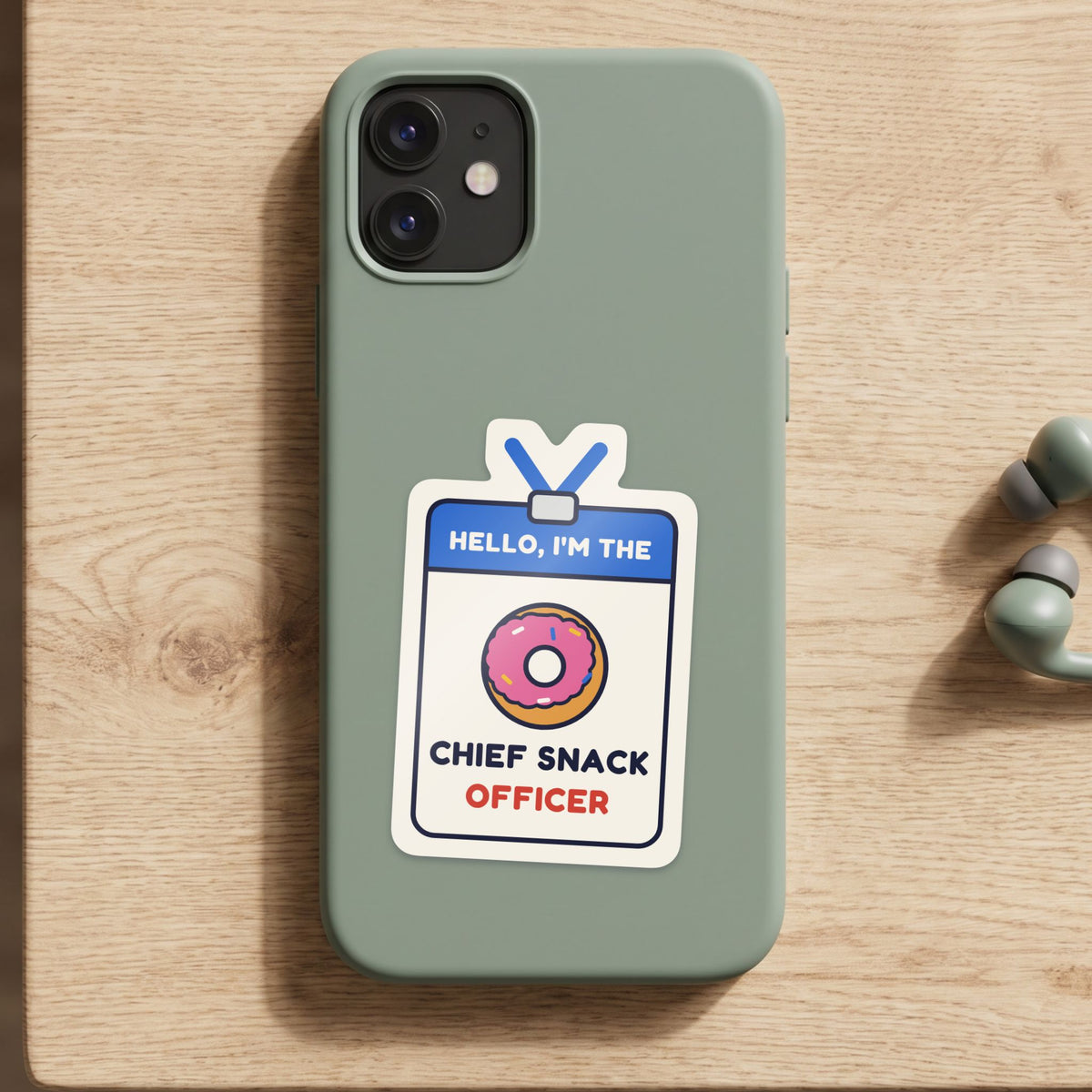 Chief Snack Officer sticker on a green phone case