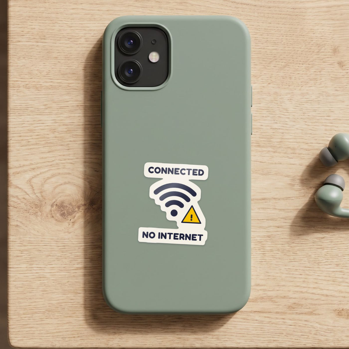 Connected, No Internet sticker on a green phone case