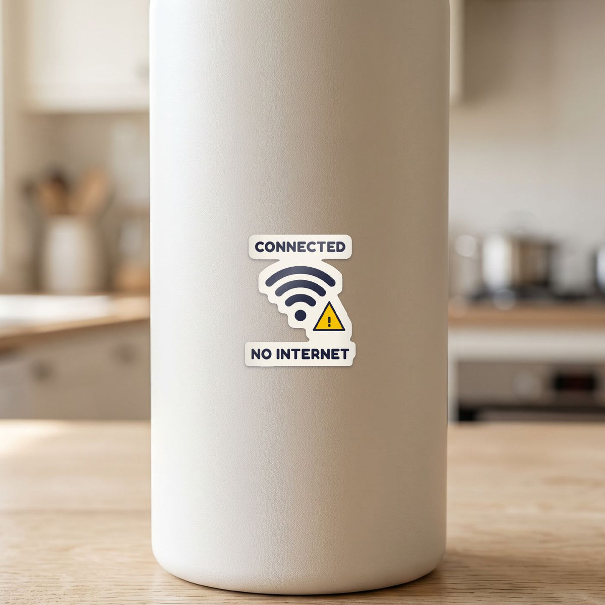 Connected, No Internet sticker on a white drink bottle