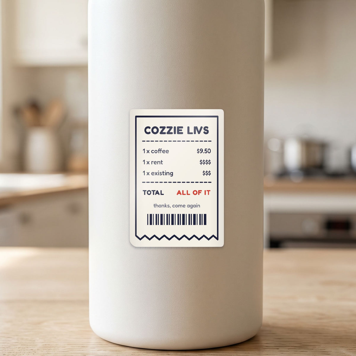 Cozzie Livs Receipt sticker on a blue fridge door