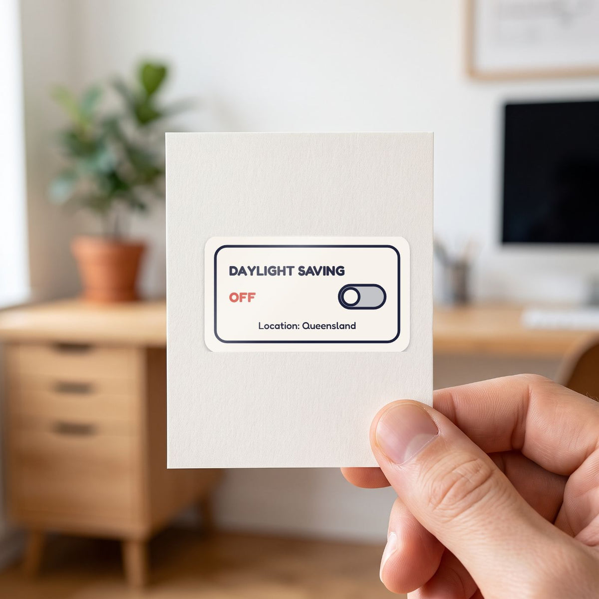 Daylight Saving: Off sticker held in a hand on its white backing card
