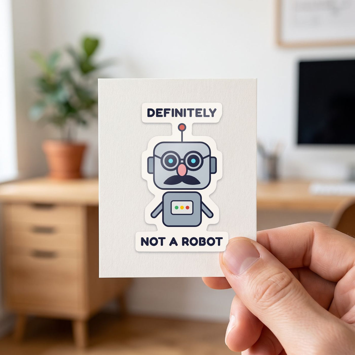 Definitely Not a Robot sticker held in a hand on its white backing card