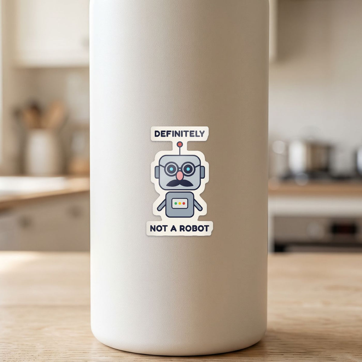 Definitely Not a Robot sticker on a white drink bottle