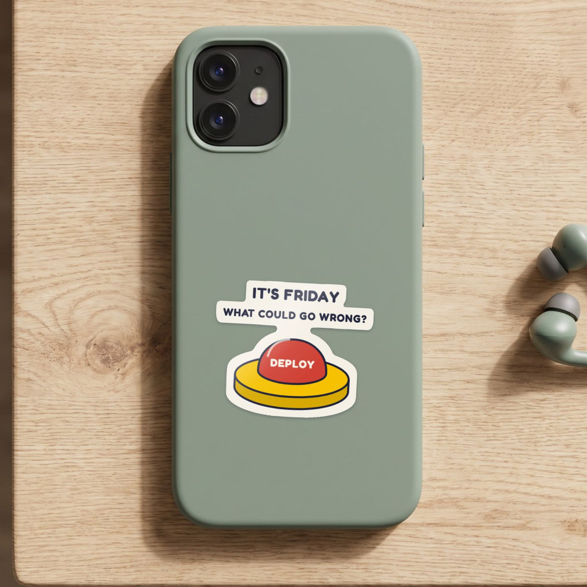 Deploy on Friday sticker on a green phone case