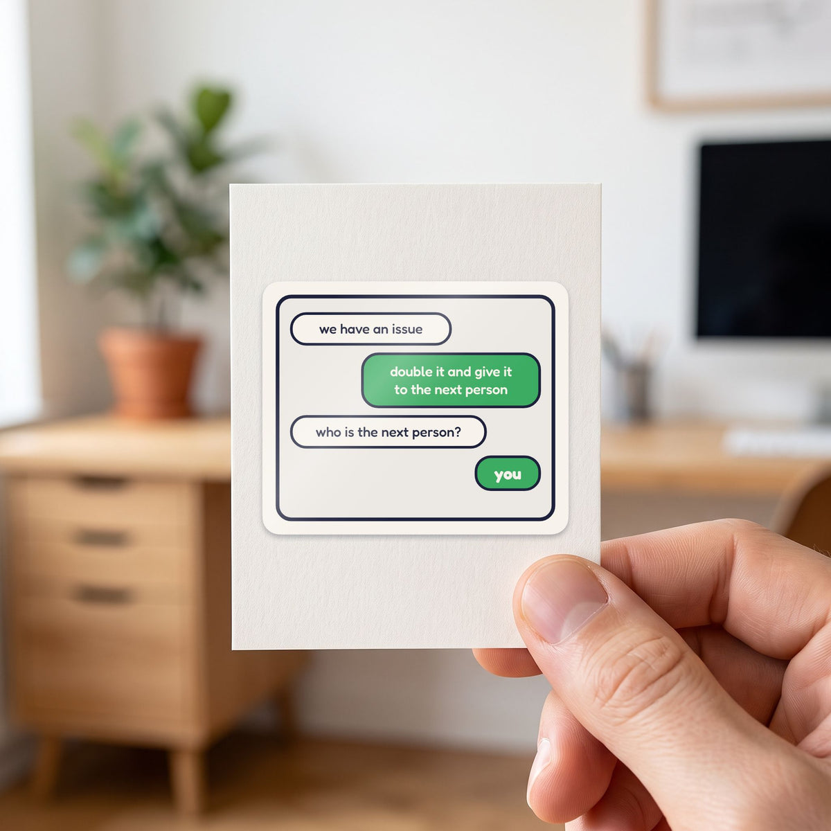 Double It: The Group Chat sticker held in a hand on its white backing card