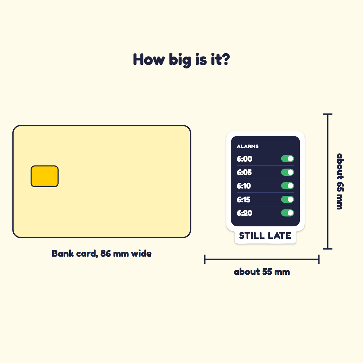 Five Alarms, Still Late sticker next to a bank card for size