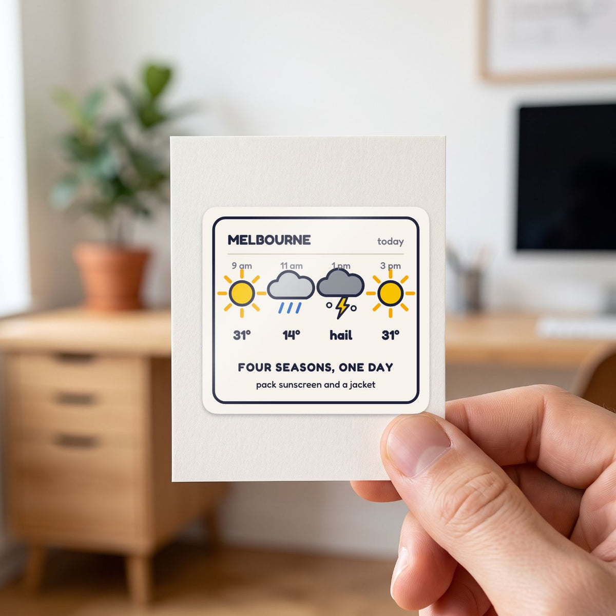 Four Seasons, One Day sticker held in a hand on its white backing card