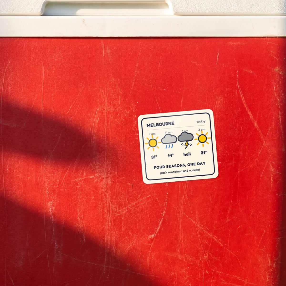 Four Seasons, One Day sticker on a red esky