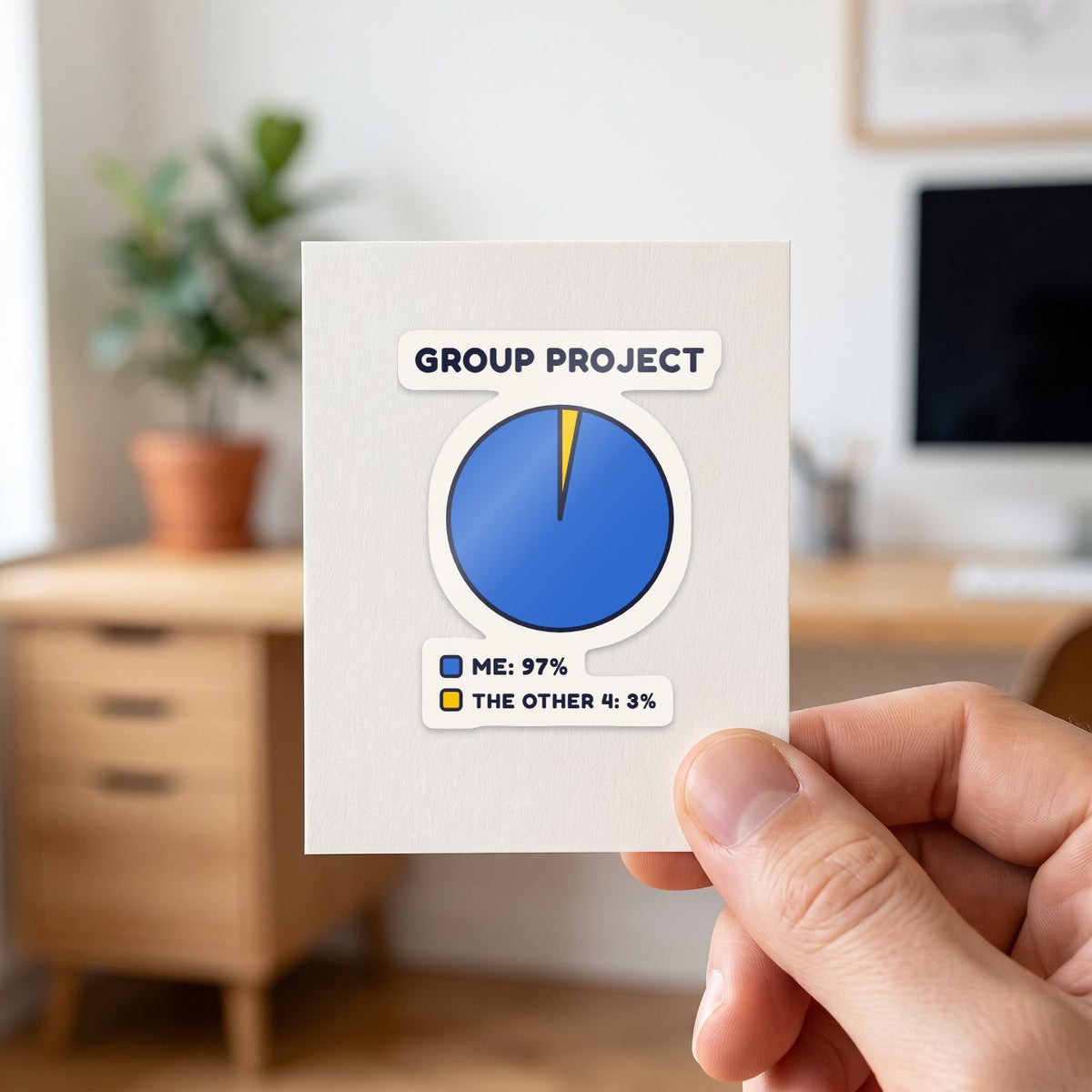 Group Project Pie Chart sticker held in a hand on its white backing card