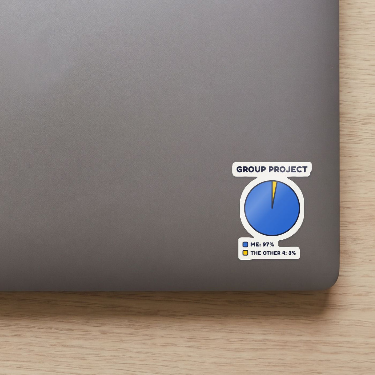 Group Project Pie Chart sticker on the lid of a grey laptop