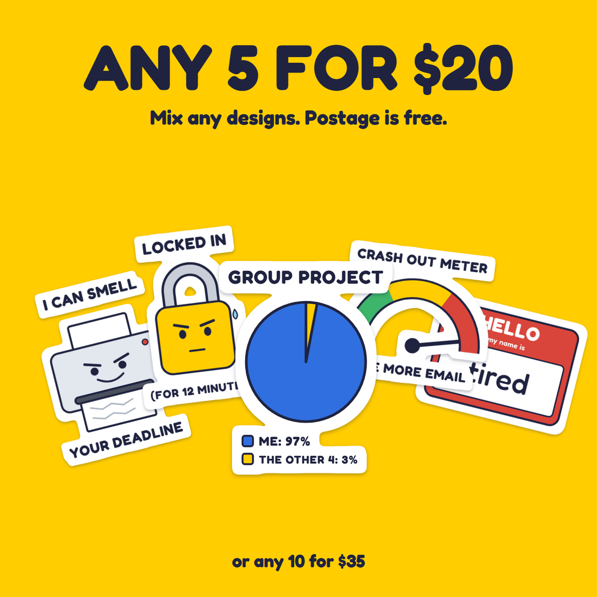 Group Project Pie Chart sticker in a pack of five for $20