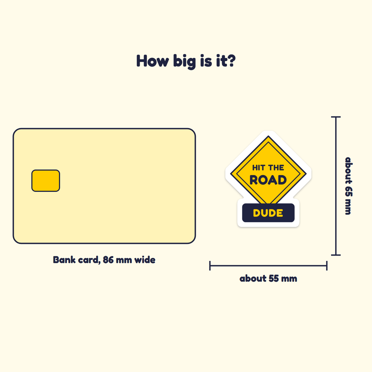 Hit the Road, Dude (Road Sign) sticker next to a bank card for size