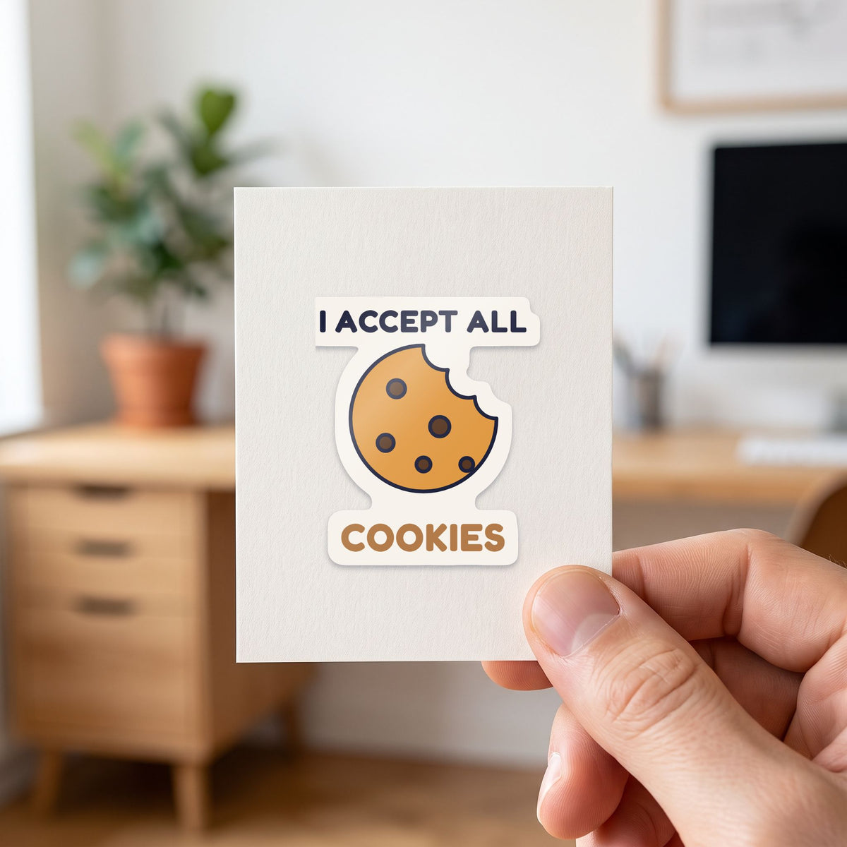 I Accept All Cookies sticker held in a hand on its white backing card