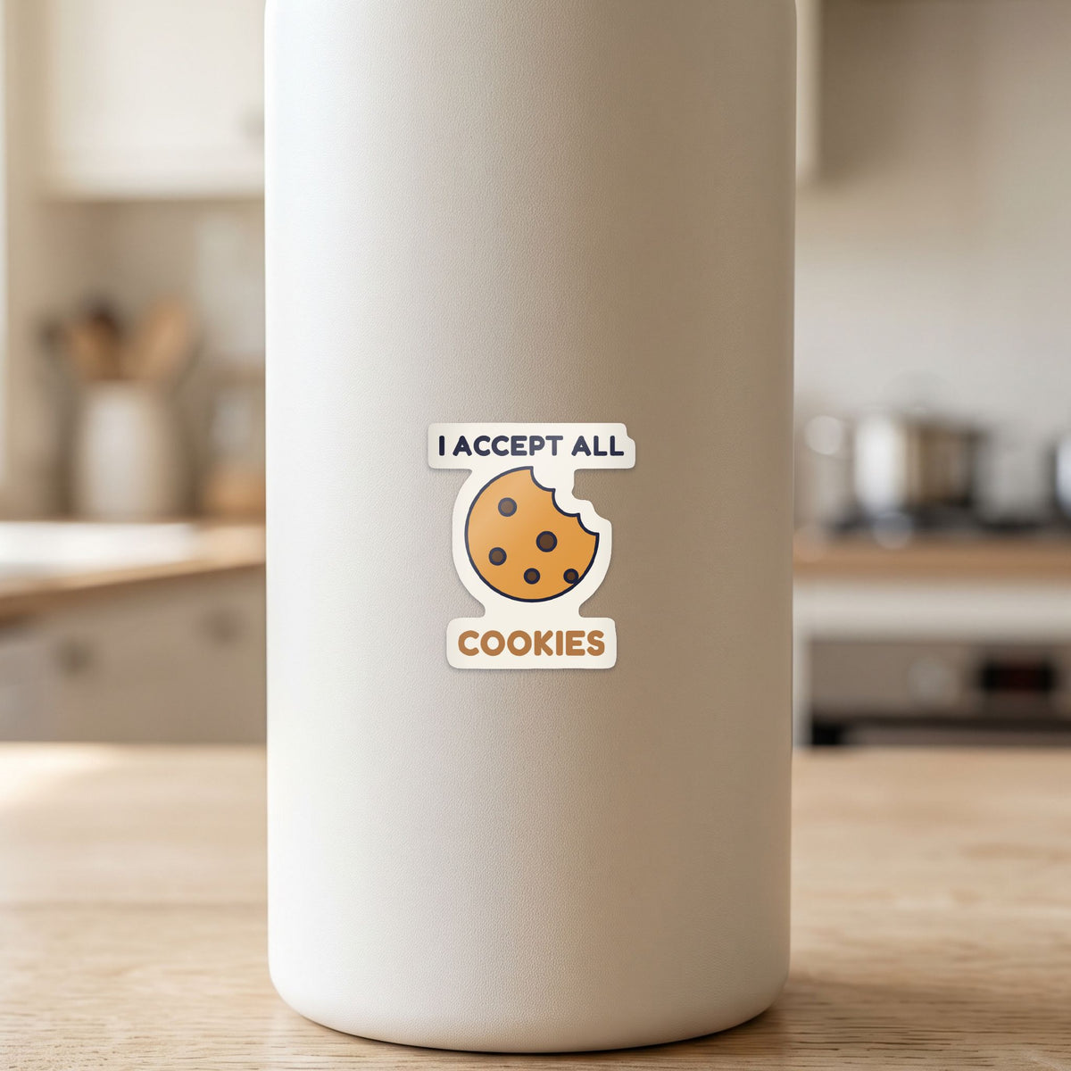 I Accept All Cookies sticker on a white drink bottle