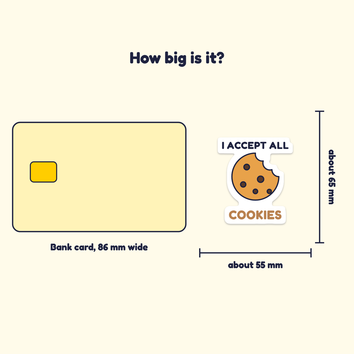I Accept All Cookies sticker next to a bank card for size
