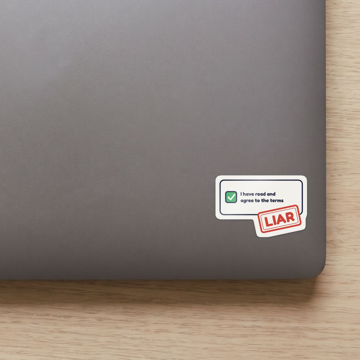 I Have Read the Terms sticker on the lid of a grey laptop