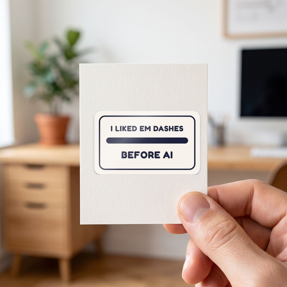 I Liked Em Dashes Before AI sticker held in a hand on its white backing card