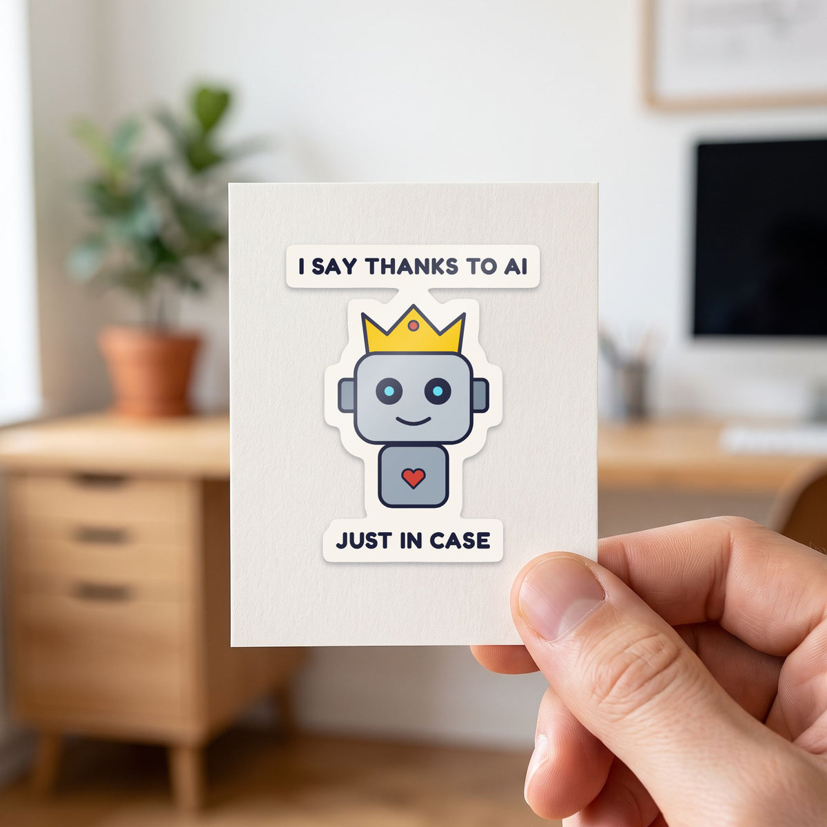 I Say Thanks to the AI, Just in Case sticker held in a hand on its white backing card