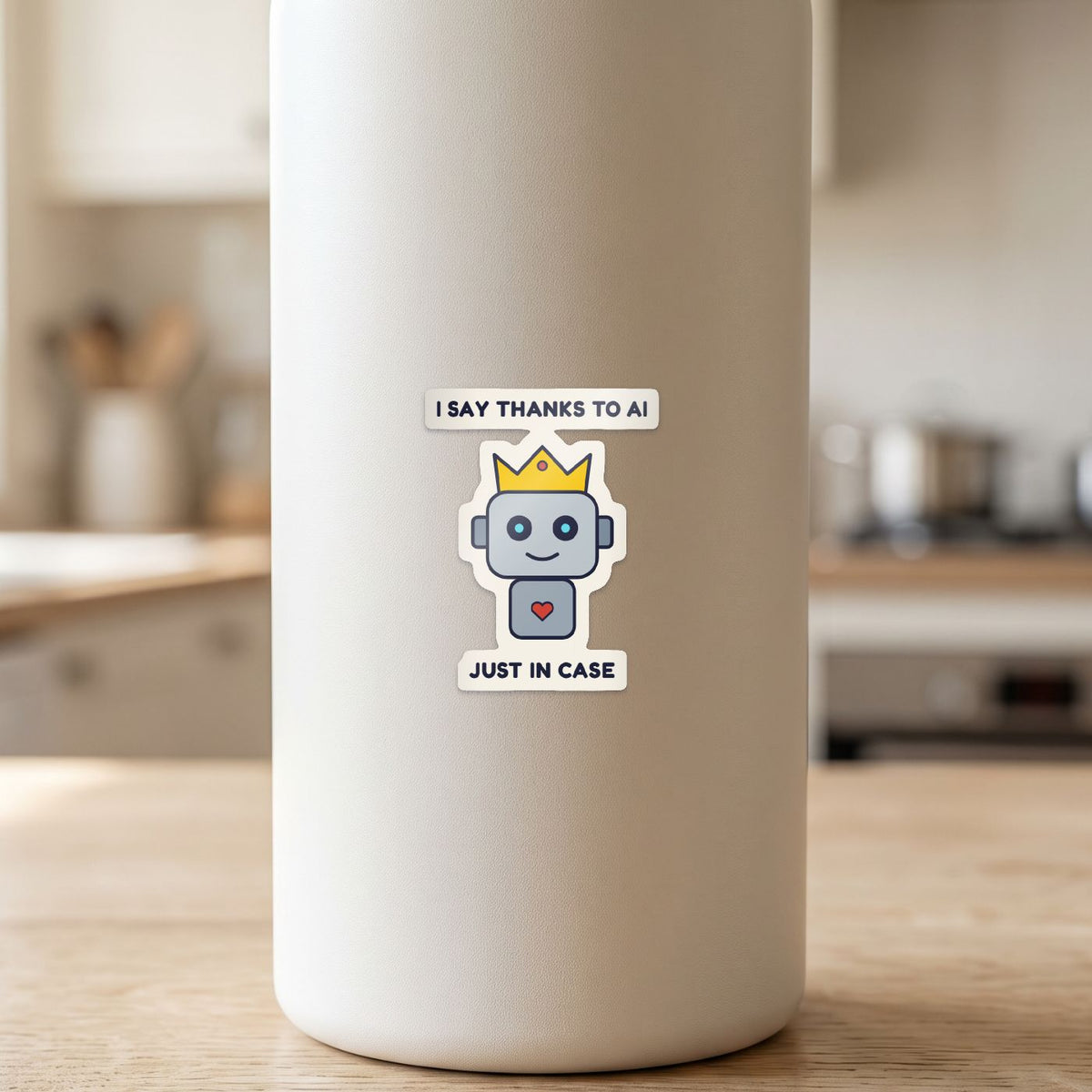 I Say Thanks to the AI, Just in Case sticker on a white drink bottle