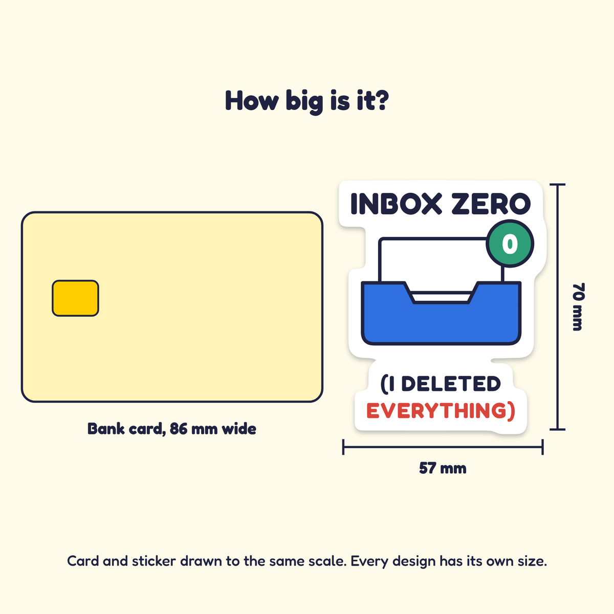 Inbox Zero (I Deleted Everything) sticker next to a bank card for size