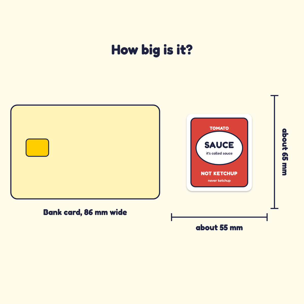 It's Sauce, Not Ketchup sticker next to a bank card for size