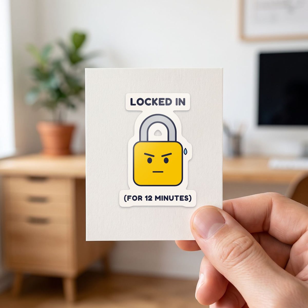 Locked In (for 12 Minutes) sticker held in a hand on its white backing card