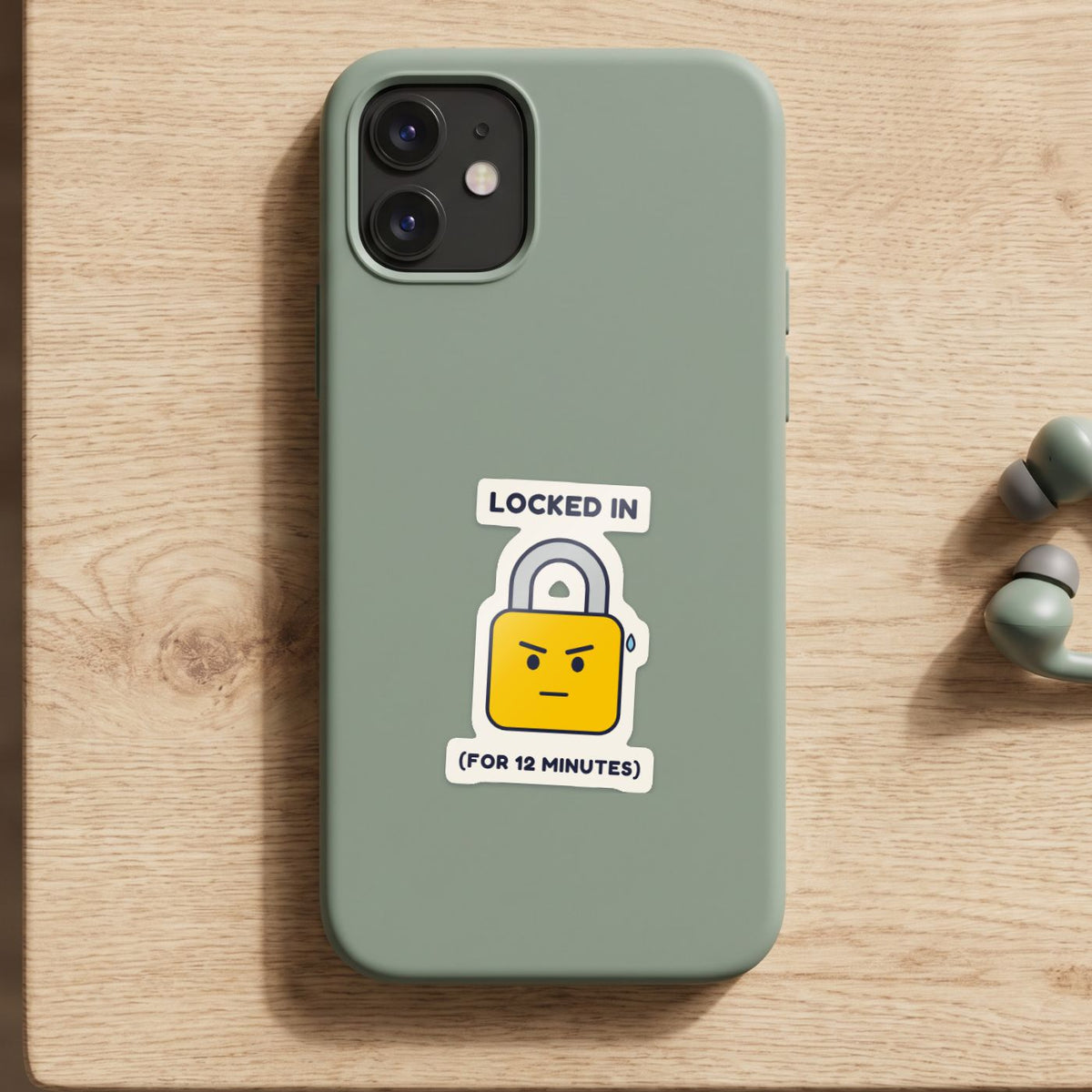Locked In (for 12 Minutes) sticker on a green phone case