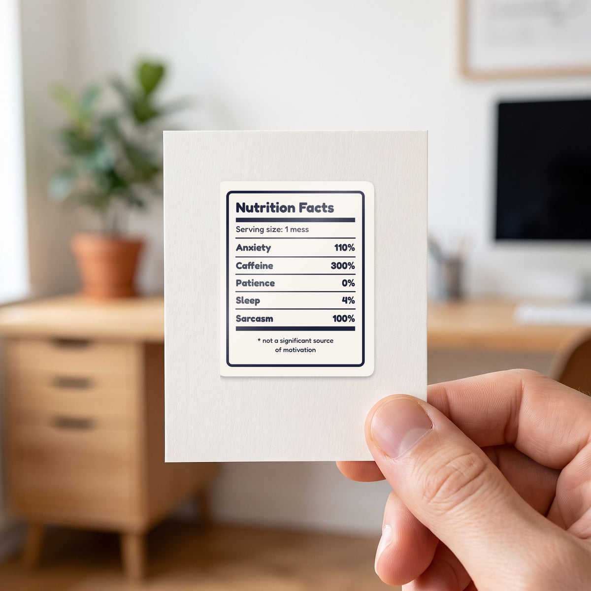 Nutrition Facts: Me sticker held in a hand on its white backing card