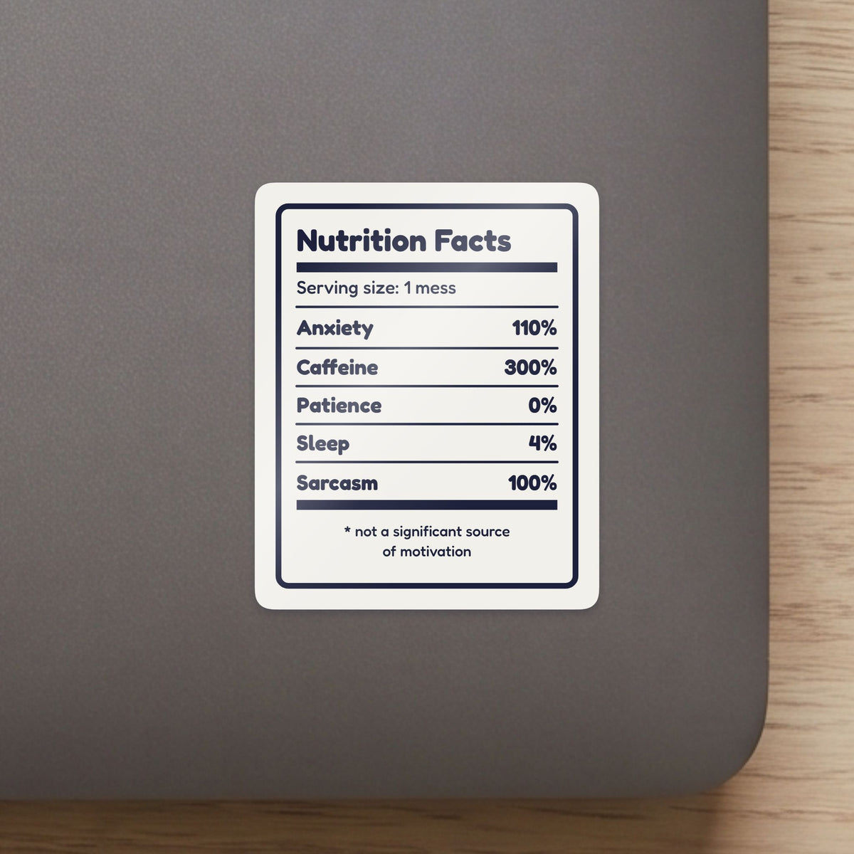 Nutrition Facts: Me sticker on the lid of a grey laptop