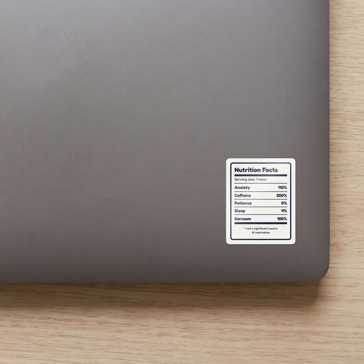 Nutrition Facts: Me sticker on a navy notebook