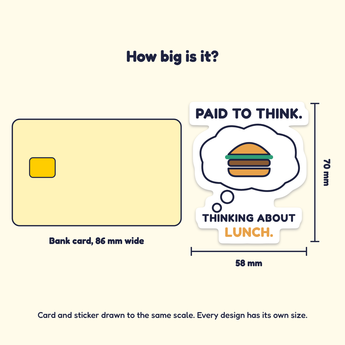 Paid to Think. Thinking About Lunch. sticker next to a bank card for size