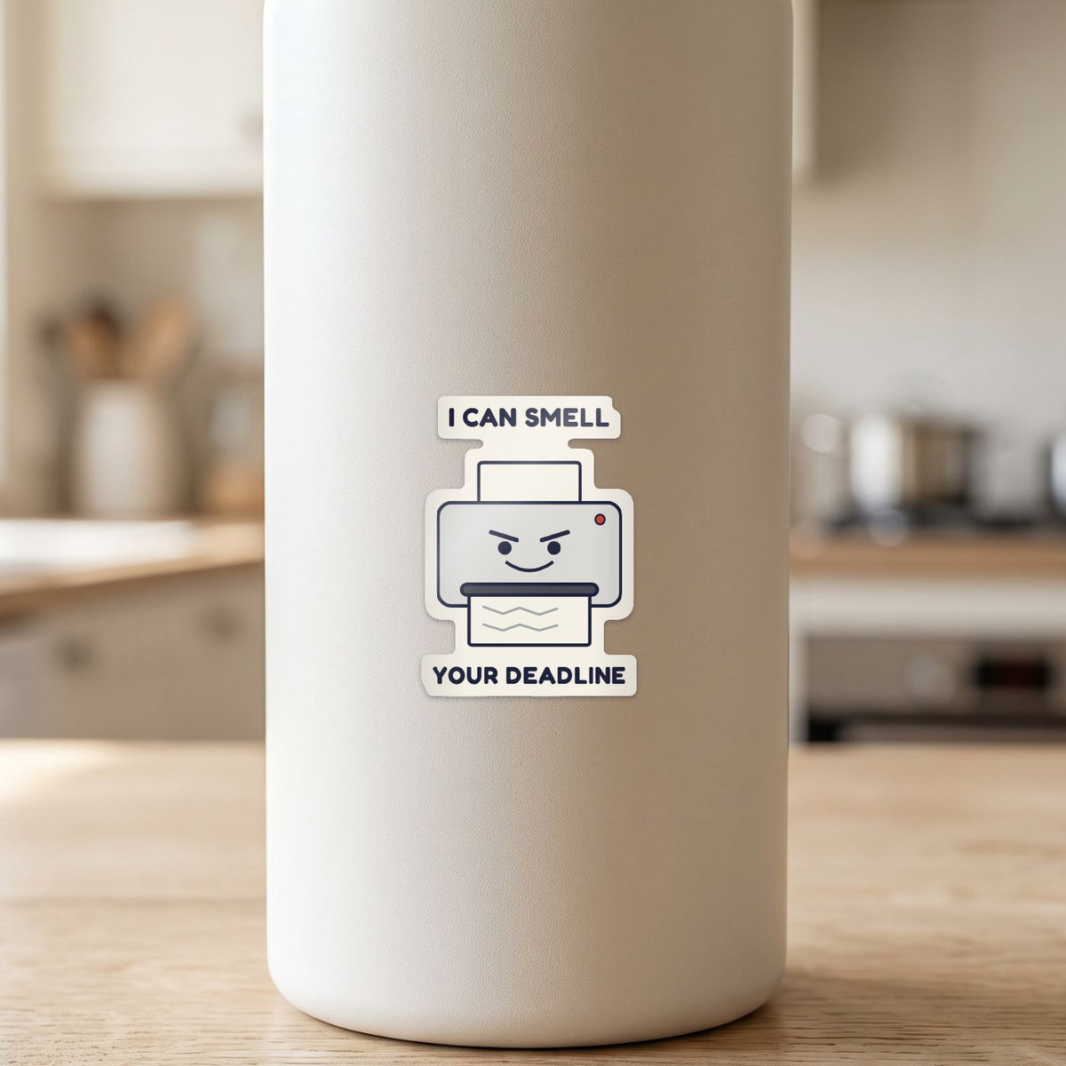 Printer: I Can Smell Your Deadline sticker on a white drink bottle