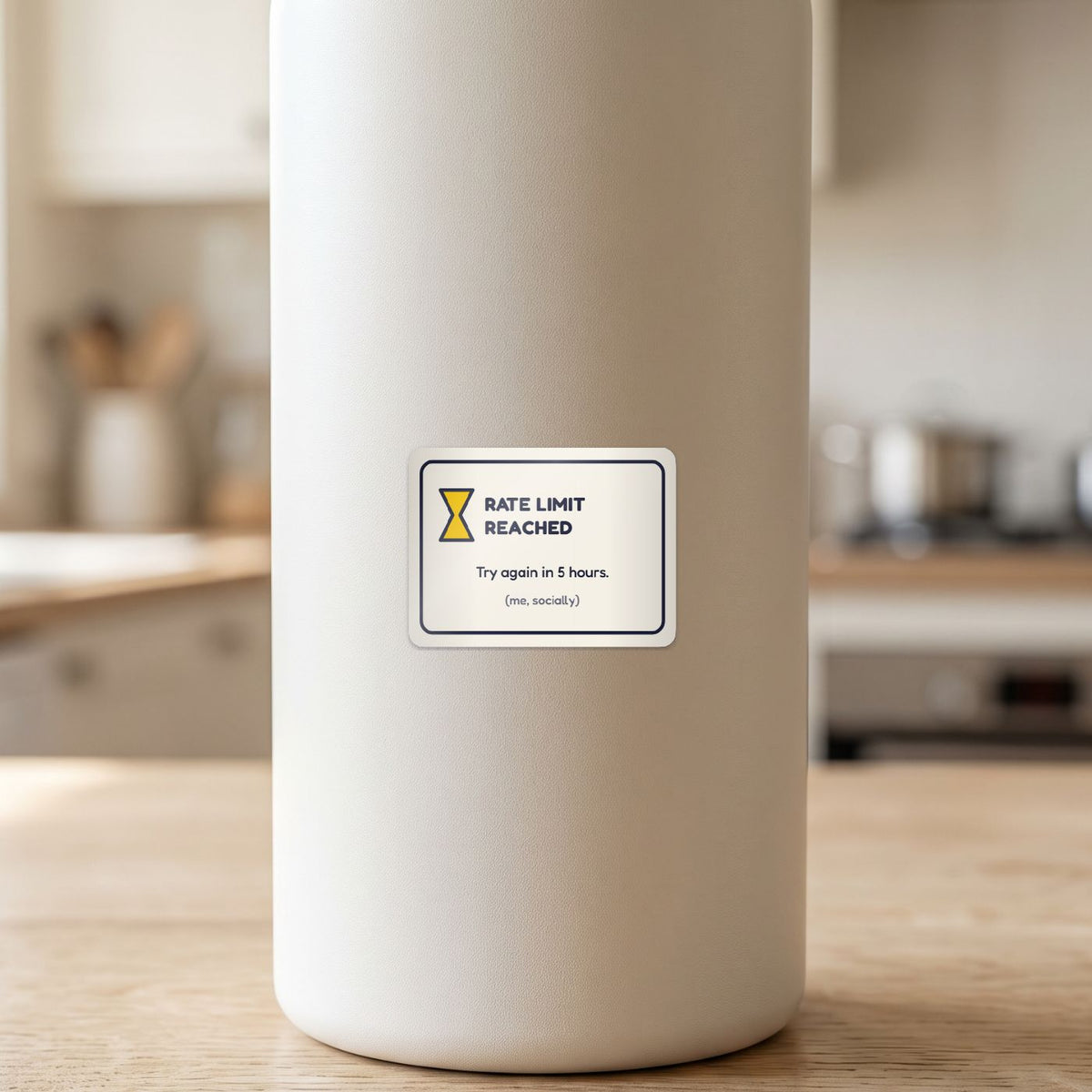 Rate Limit Reached sticker on a white drink bottle