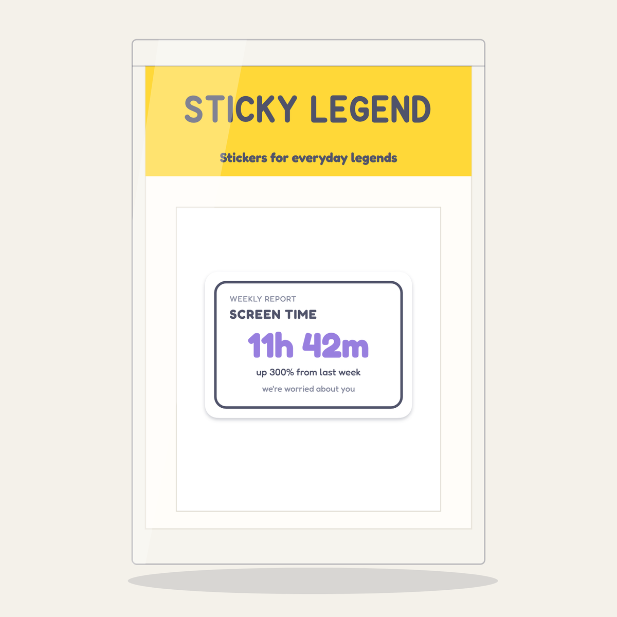 Screen Time: 11h 42m sticker next to a bank card for size