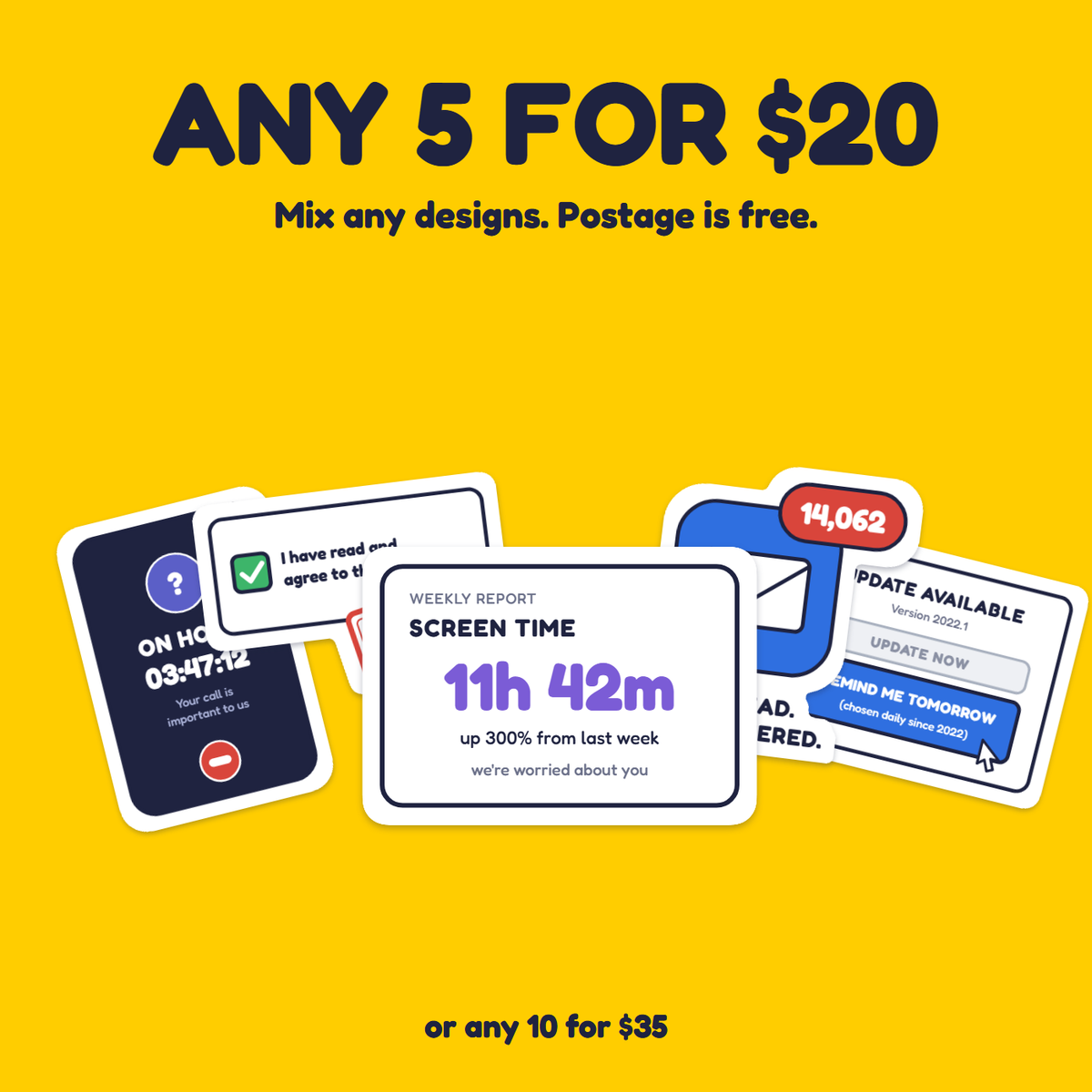 Screen Time: 11h 42m sticker in a pack of five for $20