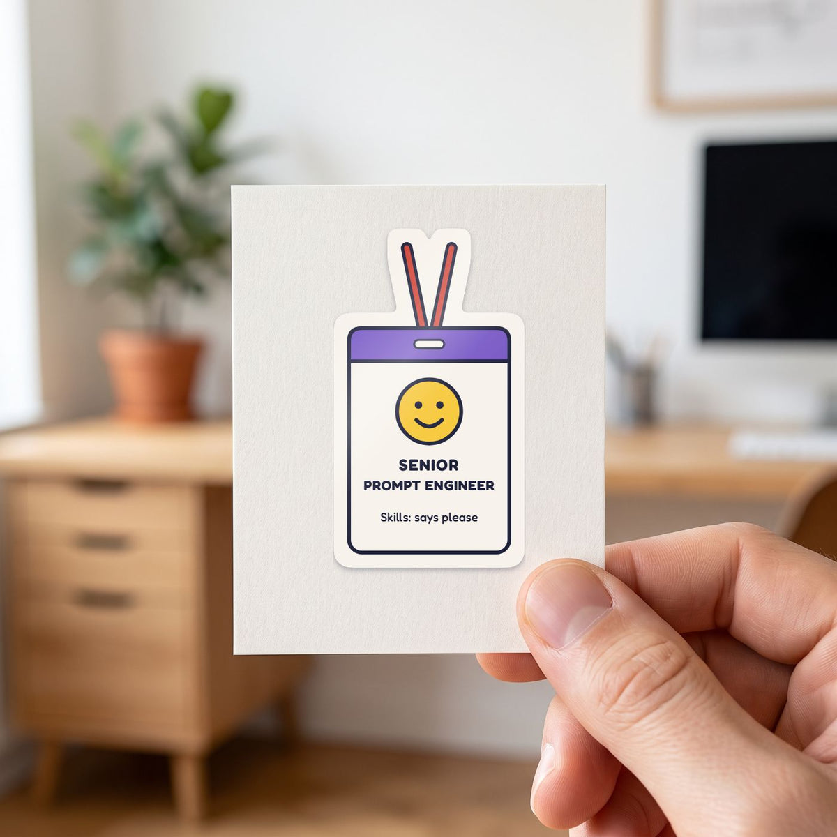 Senior Prompt Engineer sticker held in a hand on its white backing card