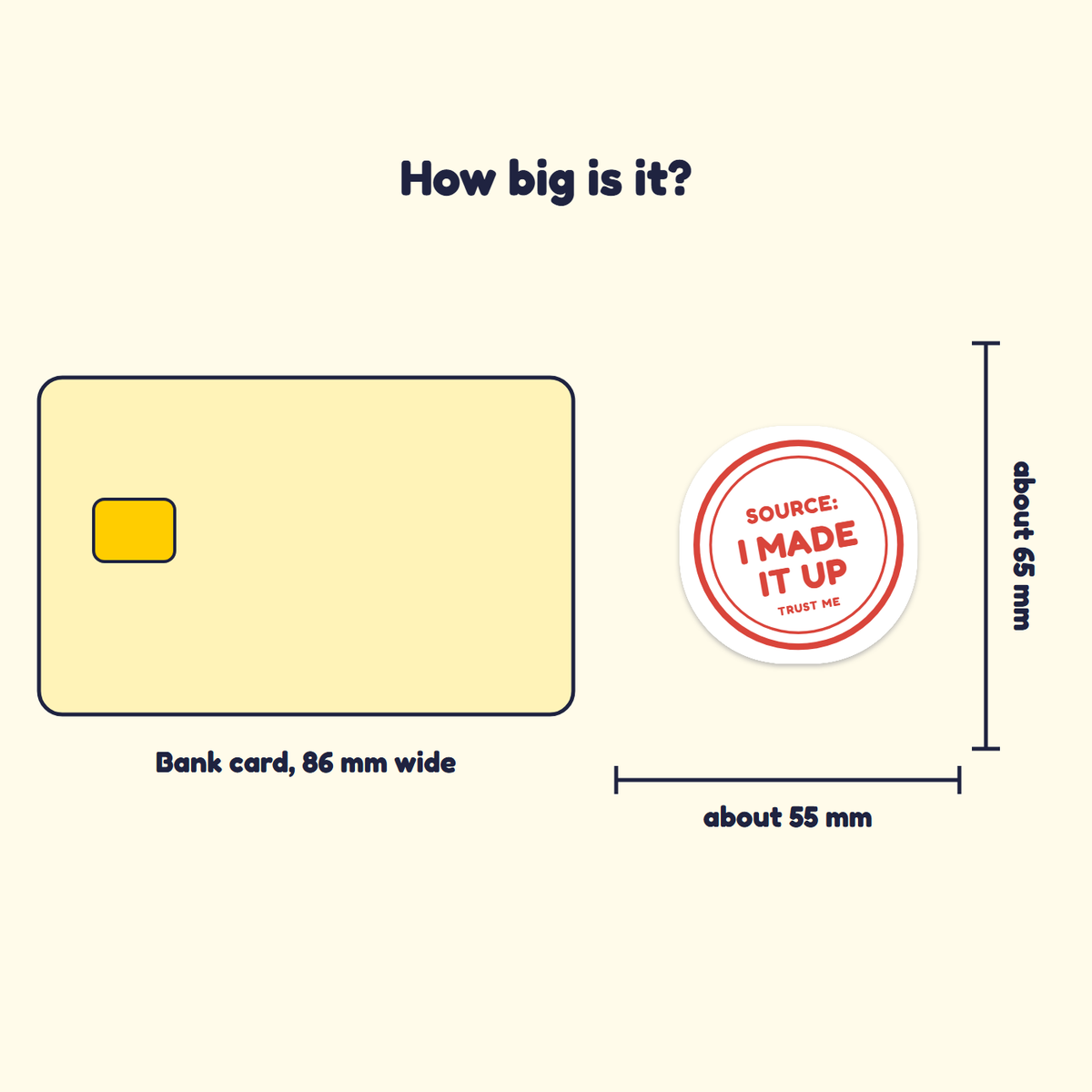 Source: I Made It Up sticker next to a bank card for size